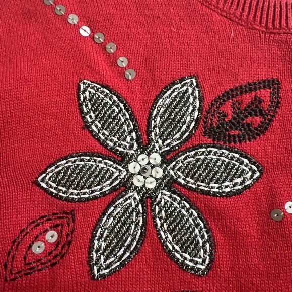 Alfred Dunner Womens Pullover Sweater Red /Black sequin Floral Embroidered PS - Picture 3 of 7